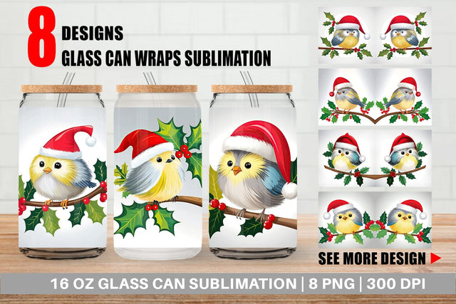 Glass Can Bird on Holly Branch Sublimation artnoy 