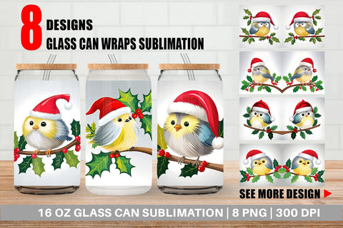 Glass Can Bird on Holly Branch Sublimation artnoy 