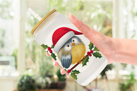 Glass Can Bird on Holly Branch Sublimation artnoy 