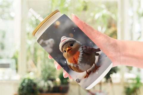 Glass Can Bird Robin Christmas Sublimation artnoy 