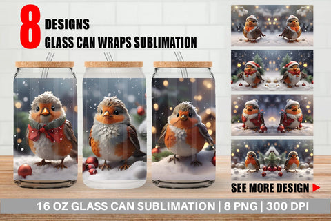 Glass Can Bird Robin Christmas Sublimation artnoy 