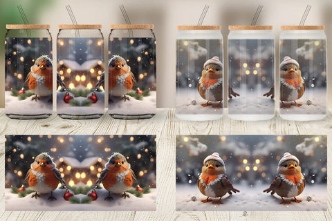 Glass Can Bird Robin Christmas Sublimation artnoy 