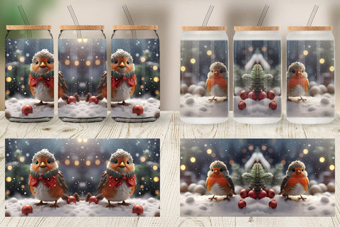 Glass Can Bird Robin Christmas Sublimation artnoy 