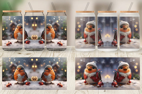 Glass Can Bird Robin Christmas Sublimation artnoy 