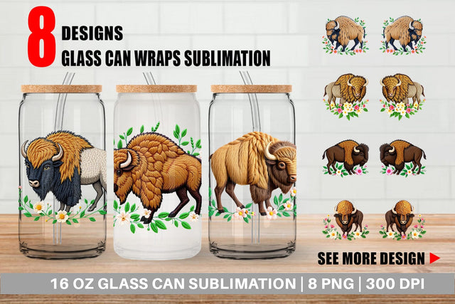 Glass Can Bison Embroidery Sublimation artnoy 