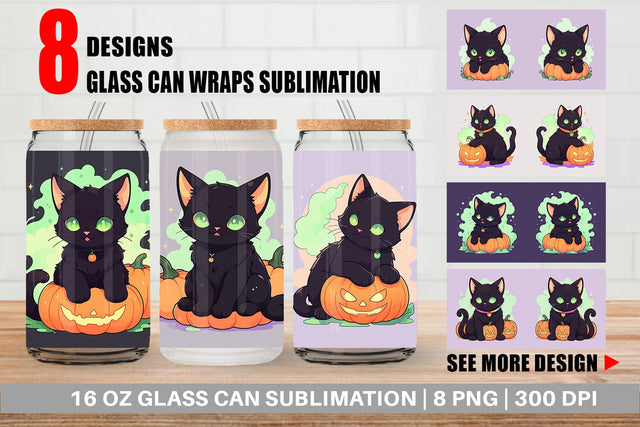 Glass Can Black Cat and Pumpkin Sublimation artnoy 