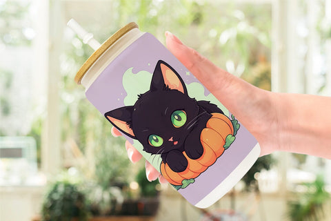 Glass Can Black Cat and Pumpkin Sublimation artnoy 