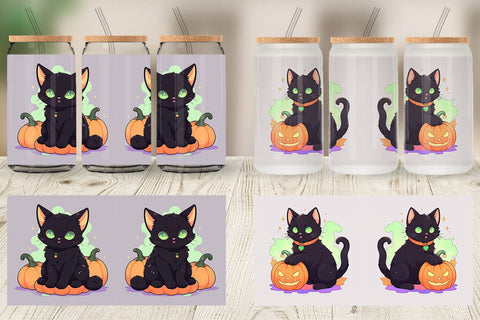 Glass Can Black Cat and Pumpkin Sublimation artnoy 
