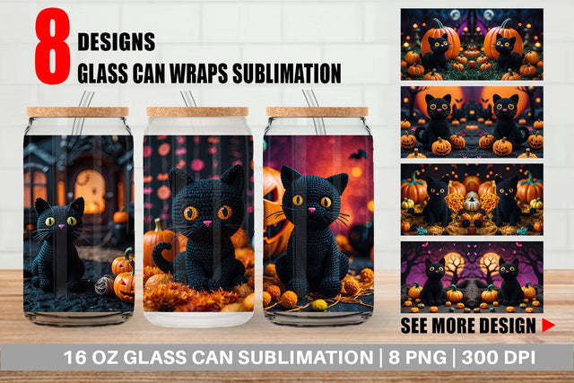Glass Can Black Cat Knitted Sublimation artnoy 