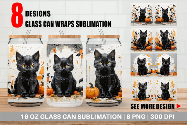 Glass Can Black Cat Painting Sublimation artnoy 