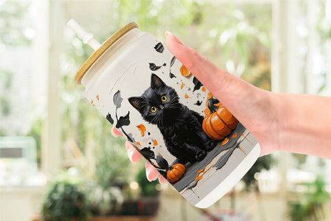 Glass Can Black Cat Painting Sublimation artnoy 