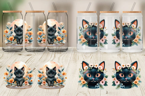Glass Can Black Cat Watercolor Floral Sublimation artnoy 