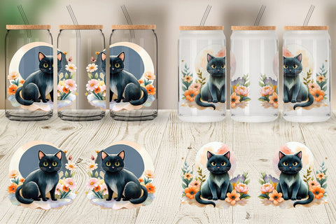 Glass Can Black Cat Watercolor Floral Sublimation artnoy 