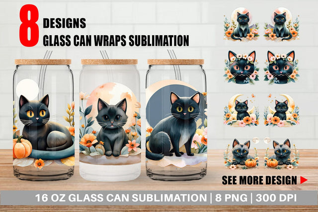 Glass Can Black Cat Watercolor Floral Sublimation artnoy 