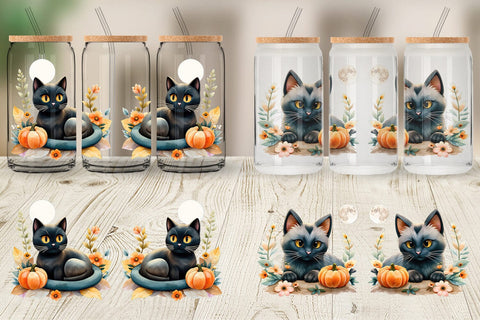 Glass Can Black Cat Watercolor Floral Sublimation artnoy 