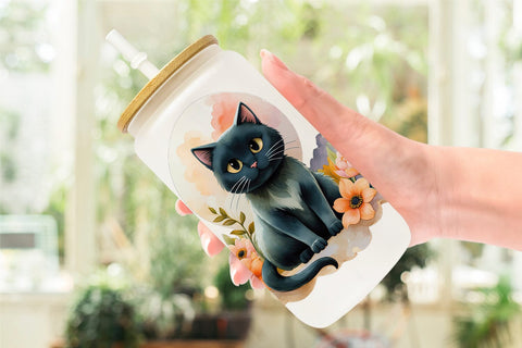 Glass Can Black Cat Watercolor Floral Sublimation artnoy 