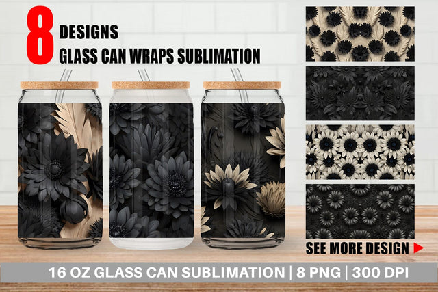 Glass Can Black Flowers Sublimation artnoy 