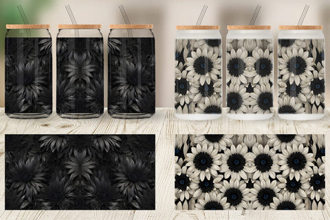 Glass Can Black Flowers Sublimation artnoy 