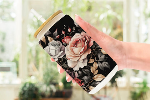 Glass Can Black Rose Pattern Sublimation artnoy 