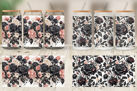 Glass Can Black Rose Pattern Sublimation artnoy 