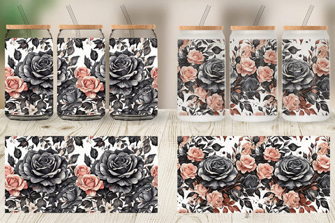 Glass Can Black Rose Pattern Sublimation artnoy 