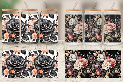 Glass Can Black Rose Pattern Sublimation artnoy 