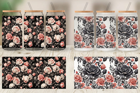 Glass Can Black Rose Pattern Sublimation artnoy 