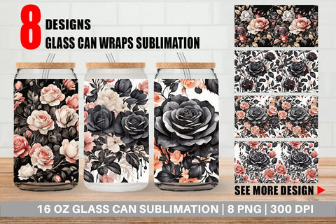 Glass Can Black Rose Pattern Sublimation artnoy 
