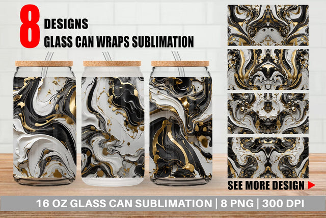 Glass Can Black White Marble Gold Sublimation artnoy 