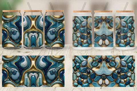 Glass Can Blue and Gold Pebbles Sublimation artnoy 