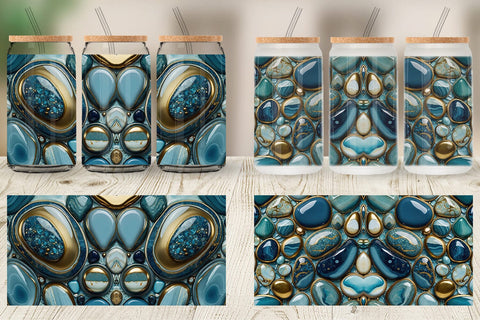Glass Can Blue and Gold Pebbles Sublimation artnoy 
