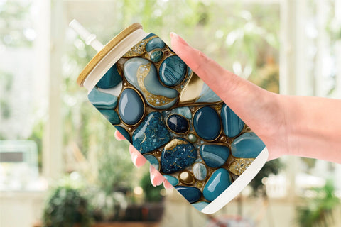 Glass Can Blue and Gold Pebbles Sublimation artnoy 