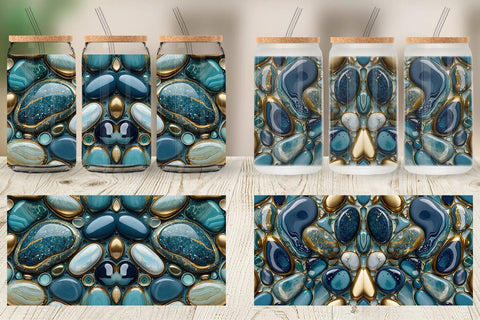 Glass Can Blue and Gold Pebbles Sublimation artnoy 