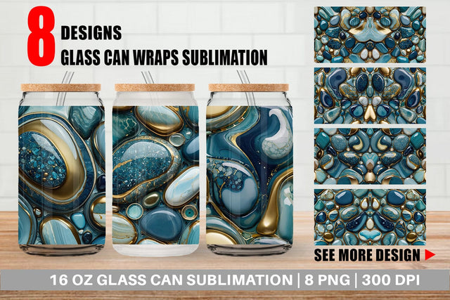 Glass Can Blue and Gold Pebbles Sublimation artnoy 