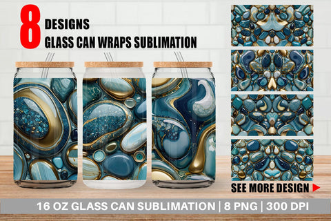 Glass Can Blue and Gold Pebbles Sublimation artnoy 