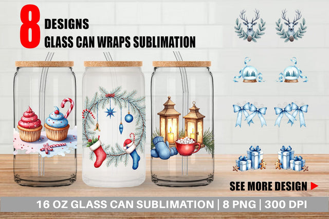 Glass Can Blue Christmas Sublimation artnoy 