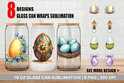 Glass Can Botanical Floral Easter Eggs Watercolor Sublimation artnoy 