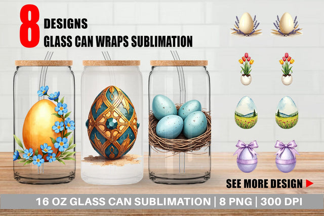 Glass Can Botanical Floral Easter Eggs Watercolor Sublimation artnoy 