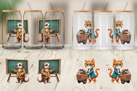 Glass Can Brainy Buddies Scholarly Animals Watercolor Sublimation artnoy 