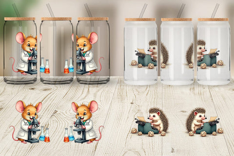 Glass Can Brainy Buddies Scholarly Animals Watercolor Sublimation artnoy 