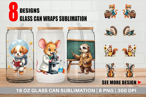 Glass Can Brainy Buddies Scholarly Animals Watercolor Sublimation artnoy 