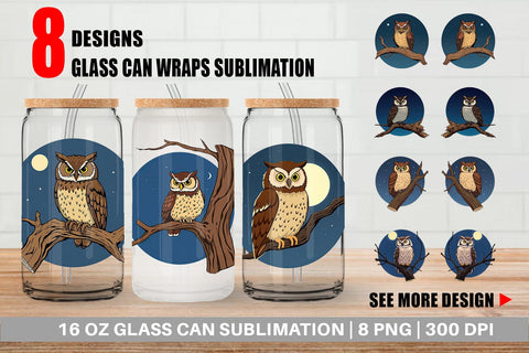Glass Can Branch Owl Sublimation artnoy 