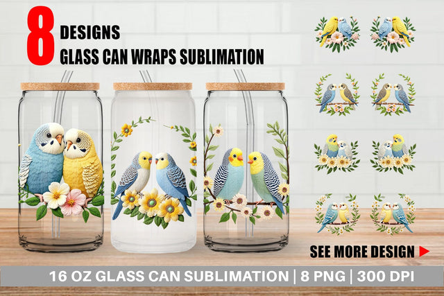 Glass Can Budgerigar Embroidery Sublimation artnoy 