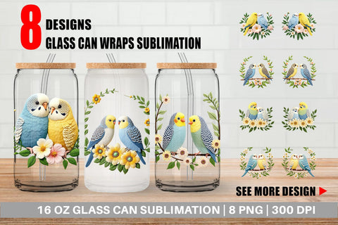 Glass Can Budgerigar Embroidery Sublimation artnoy 
