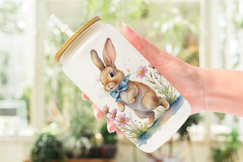 Glass Can Bunny in Summer Watercolor Sublimation artnoy 