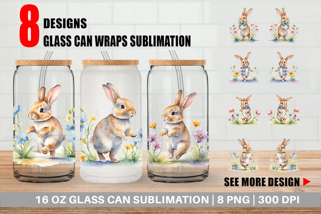 Glass Can Bunny in Summer Watercolor Sublimation artnoy 