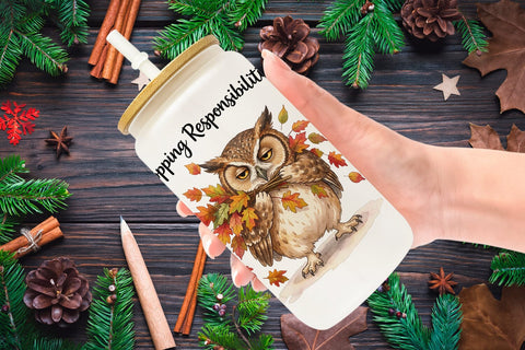 Glass Can Burnt Out Owl Whimsigoth Watercolor Sublimation artnoy 