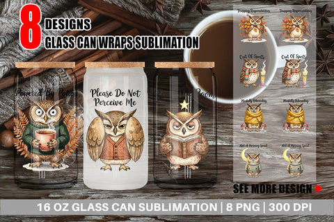 Glass Can Burnt Out Owl Whimsigoth Watercolor Sublimation artnoy 