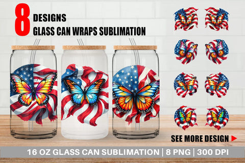 Glass Can Butterfly 4th of July Sublimation artnoy 