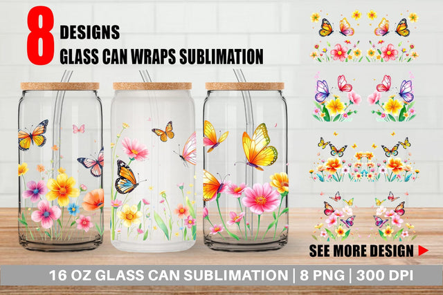 Glass Can Butterfly and Flower Sublimation artnoy 